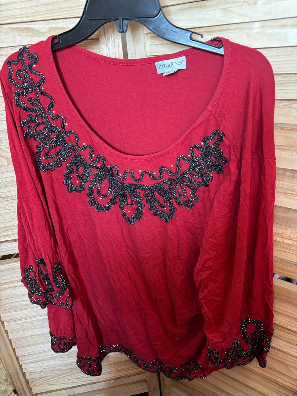 Catherines Red Scoop Neck Tunic with Black Embellishment 2X